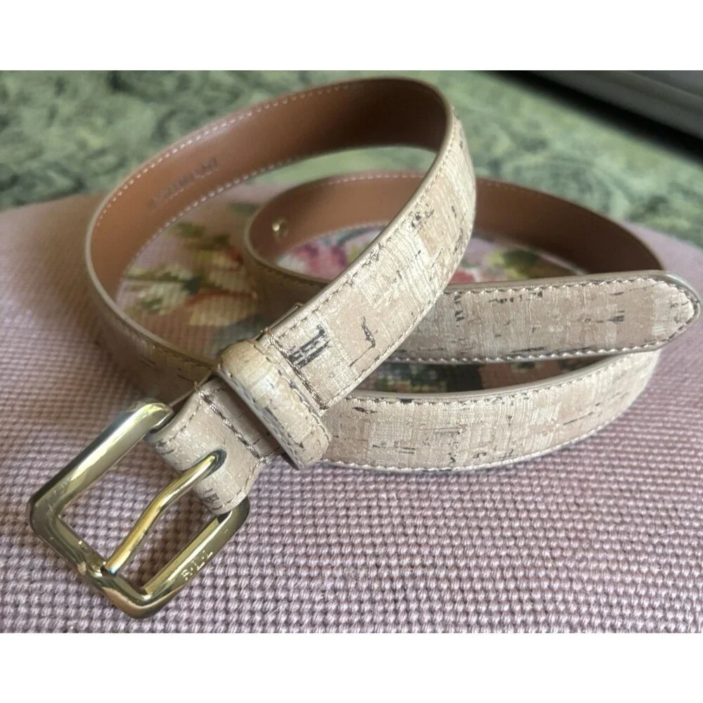Vtg y2k Ralph Lauren Natural Cork Belt Gold LRL Engraved Logo Metal Buckle Sz S